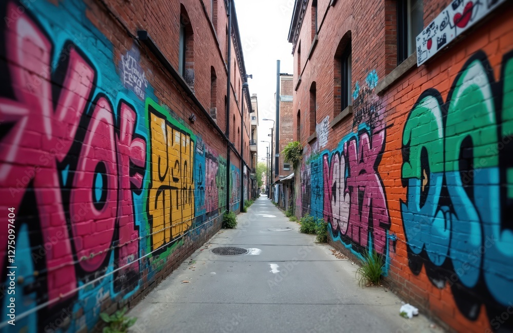 Fototapeta premium Urban graffiti alley with colorful murals on brick walls. Street art and vibrant colors create unique city culture, youth expression, creativity design. Concrete pavement between buildings.