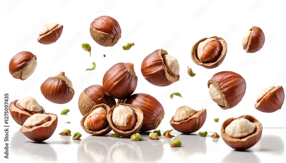 Flying Hazelnuts on White Background Flying Hazelnuts on White Background