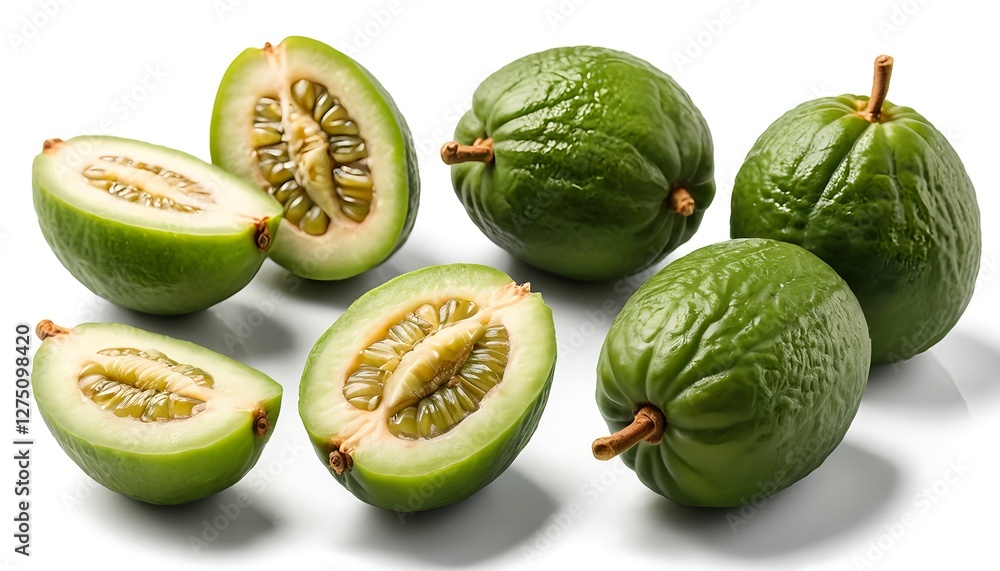 Fresh Green Feijoa Fruit Slices and Whole Fresh Green Feijoa Fruit Slices and Whole