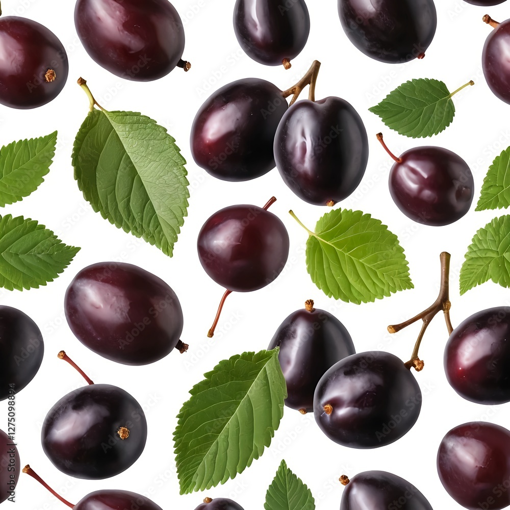 Fresh Plums with Green Leaves, Isolated on White Fresh Plums with Green Leaves, Isolated on White