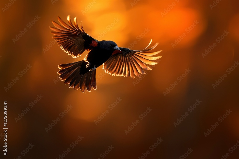Bird taking flight with wings spread in golden hour sunset, nature background Bird taking flight with wings spread in golden hour sunset, nature background