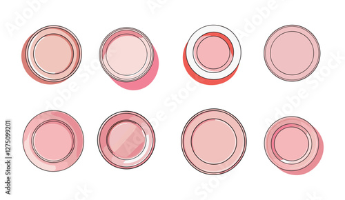 Icons sets collection of pink plates with various patterns and shadows, arranged in two rows on a light background, showcasing different designs and shades for a visually appealing presentation