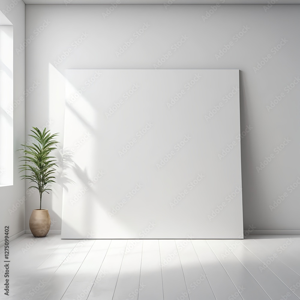 Minimalist White Room with Blank Canvas and Plant Minimalist White Room with Blank Canvas and Plant