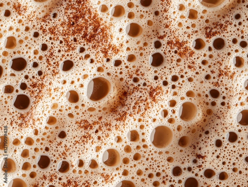 Close-up of frothy coffee topped with spices and bubbles. Close-up of frothy coffee topped with spices and bubbles.