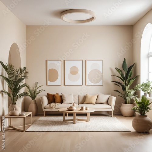 Modern Beige Living Room Interior Design with Plants and Artwork