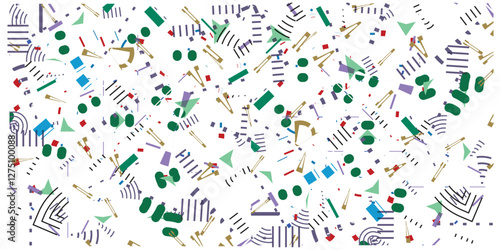 A vibrant abstract design featuring geometric shapes in various colors and sizes scattered across a white background, a spectrum of colors, offering a visually stimulating effect.