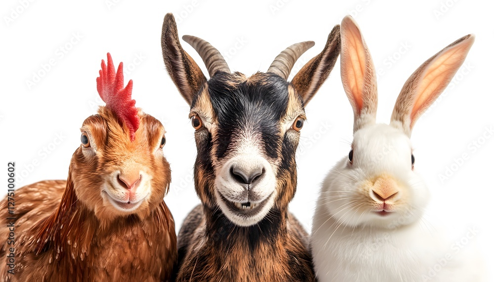 Fototapeta premium Three domestic farm animals face forward against a white background