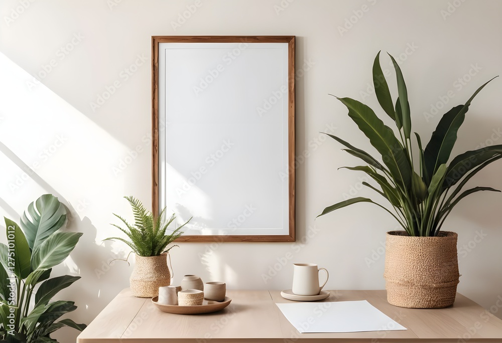 Modern Home Office Desk Mockup with Plants and Blank Frame Modern Home Office Desk Mockup with Plants and Blank Frame