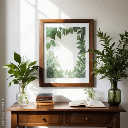 Modern Home Office Desk with Framed Botanical Print and Plants