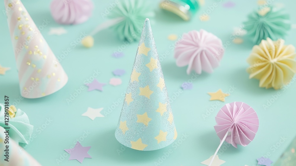 63.High-resolution image of festive cone-shaped party caps, glittery blowers, and a playful mix of star-shaped and circular confetti on a soft mint backdrop. 63.High-resolution image of festive cone-shaped party caps, glittery blowers, and a playful mix of star-shaped and circular confetti on a soft mint backdrop.
