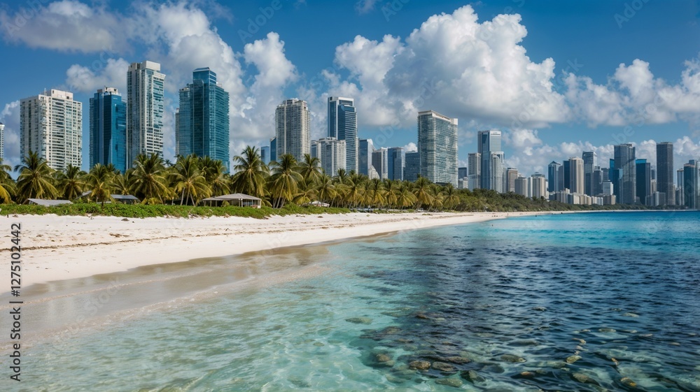 Obraz premium A white sandy beach is lined with coconut trees beneath a blue sea, and a modern city skyline is visible in the distance.