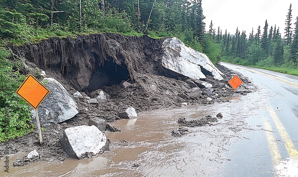 Landslide blocking roadway, caution signs Landslide blocking roadway, caution signs