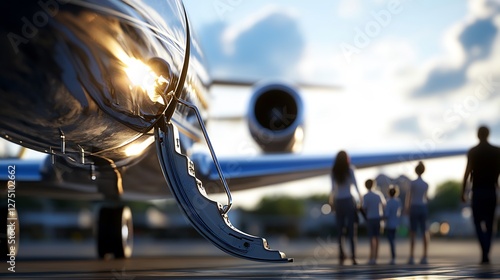 Family Boarding Private Jet During Sunset on Airport Runway with Silver Airplane