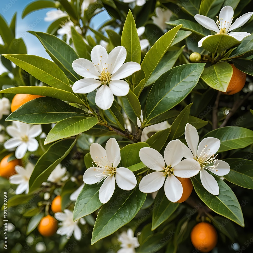 Fototapeta premium Blooming Orange Tree with White Flowers and Ripe Fruit