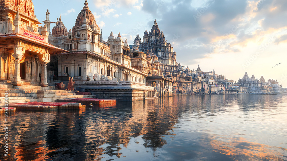 Obraz premium View of Gomti Ghat and Hindu Temple Shree Dwarkadhish