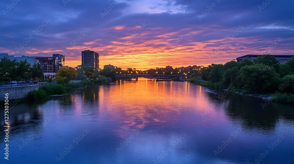 peaceful sunrise over a city river with reflections peaceful sunrise over a city river with reflections