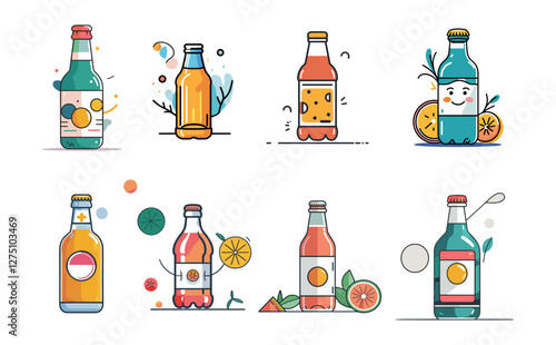 Icons sets collection of illustrated beverage bottles with unique designs, featuring fruits, bubbles, and playful faces on a light background