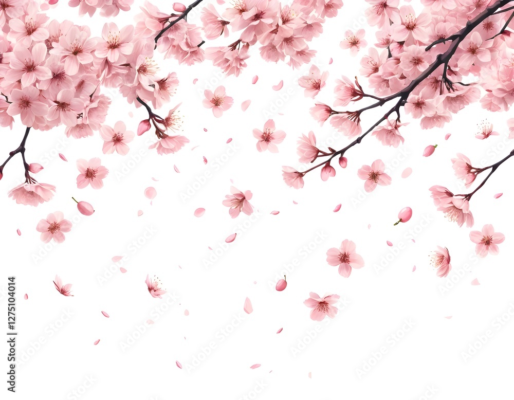 Pink Cherry Blossoms Falling on White Background Pink Cherry Blossoms Falling on White Background