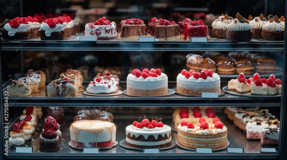 display case filled with a variety of cakes and pastries. The display case is made of glass and is filled with different types of cakes, pastries, and desserts. display case filled with a variety of cakes and pastries. The display case is made of glass and is filled with different types of cakes, pastries, and desserts.