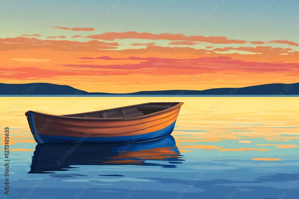 Fototapeta premium cute cartoon of a little boat floating on still water