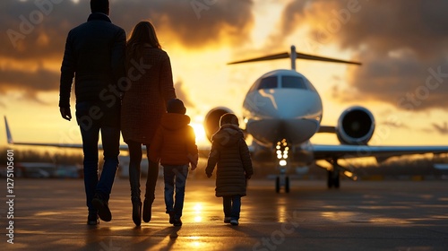 Family walks across tarmac toward business jet a dusk under setting a sun and goldenhour atmosphere