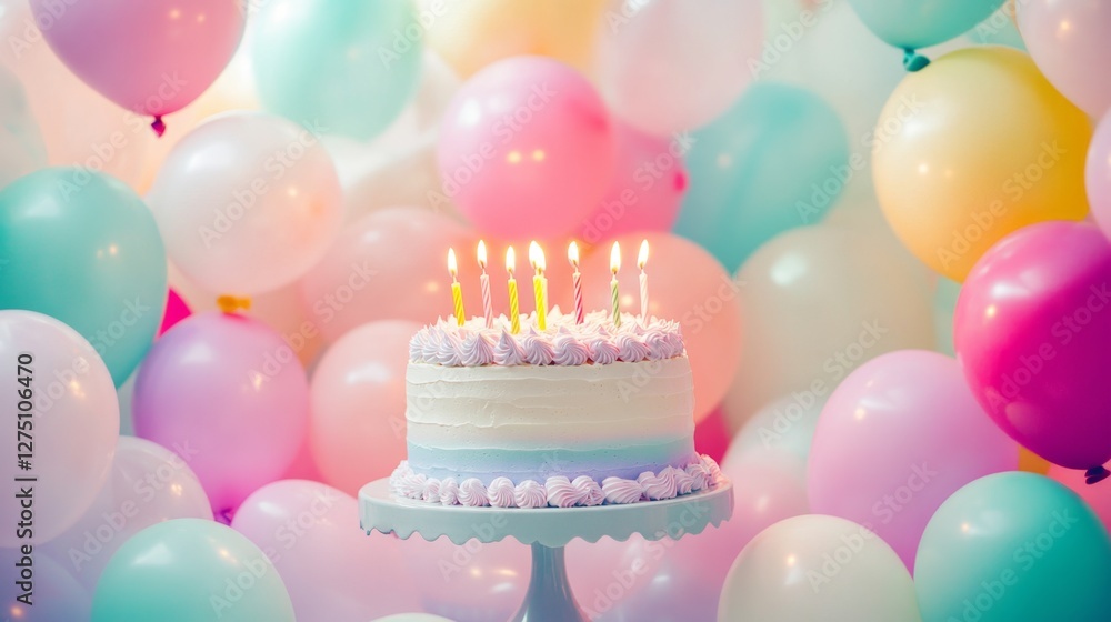 Vibrant Pastel Balloons and Cake Create Joyful Celebration Scene Vibrant Pastel Balloons and Cake Create Joyful Celebration Scene