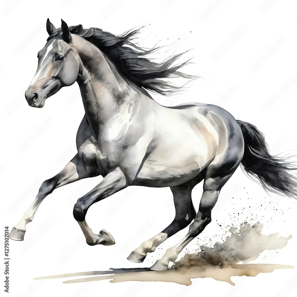 Fototapeta premium Running Gray Horse Watercolor Painting