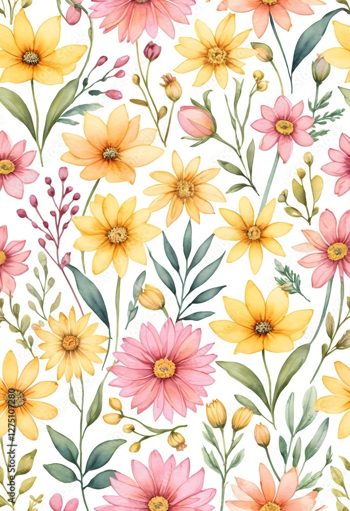 Watercolor Seamless Pattern of Pastel Yellow and Pink Flowers Watercolor Seamless Pattern of Pastel Yellow and Pink Flowers