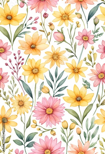 Wallpaper Mural Watercolor Seamless Pattern of Pastel Yellow and Pink Flowers Torontodigital.ca