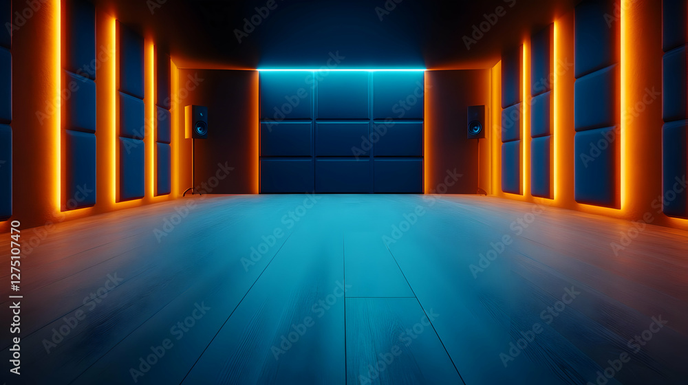 A futuristic room with ambient lighting in vibrant blue and orange, ideal for tech-themed backgrounds and creative projects. A futuristic room with ambient lighting in vibrant blue and orange, ideal for tech-themed backgrounds and creative projects.