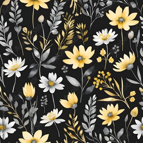 Seamless Watercolor Floral Pattern Gold and Gray Flowers on Black Background
