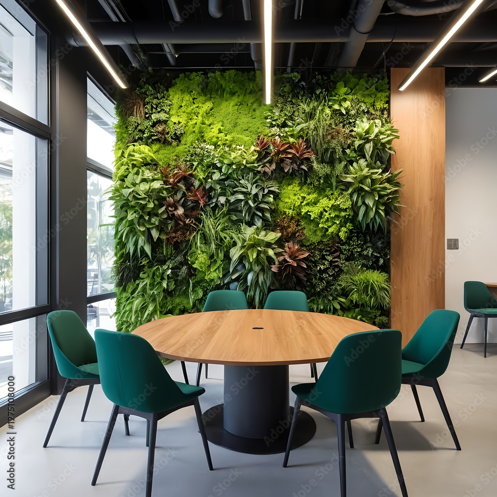 Fototapeta premium Modern Office Meeting Room with Green Chairs and Living Wall