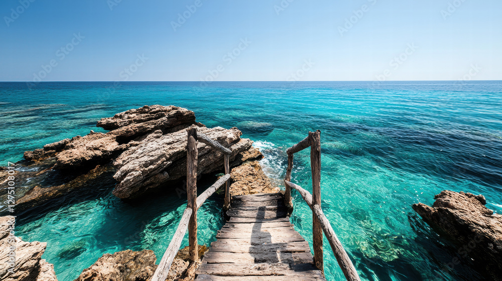 A serene wooden pathway leads over clear blue waters, surrounded by rocky formations, inviting tranquility and exploration under a bright sky. A serene wooden pathway leads over clear blue waters, surrounded by rocky formations, inviting tranquility and exploration under a bright sky.