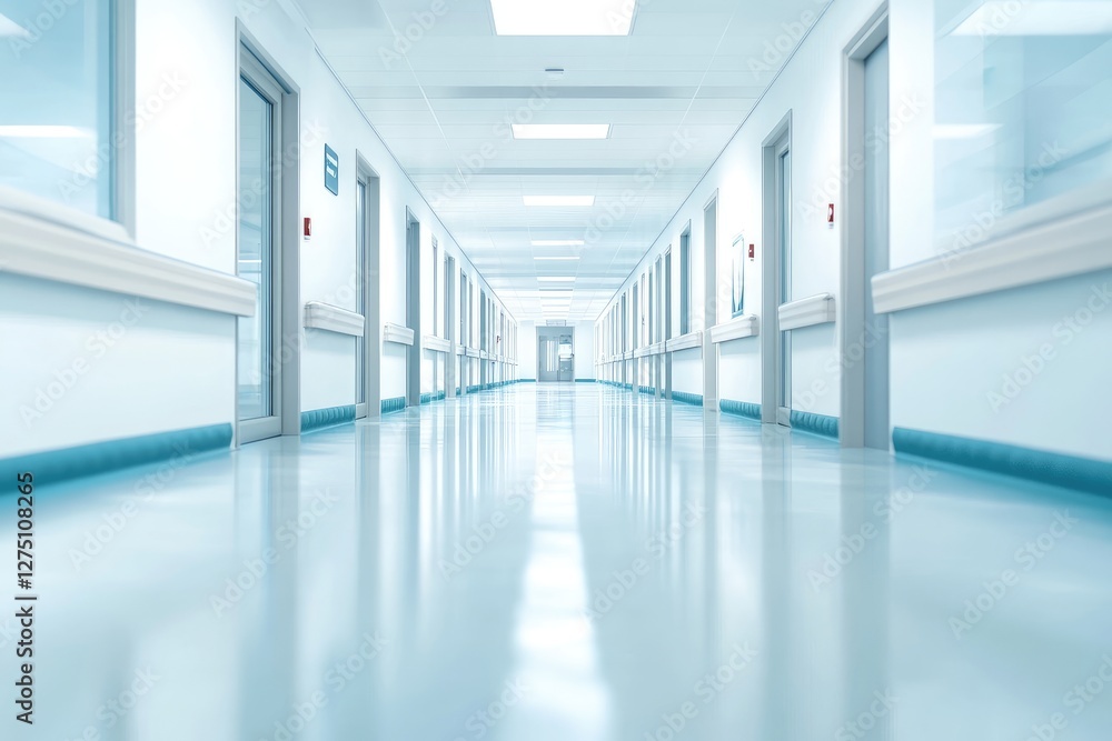 Empty hospital hallway, modern architecture, sterile interior, future medical facility Empty hospital hallway, modern architecture, sterile interior, future medical facility