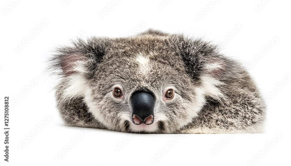 Fototapeta premium A cute koala lying down stares forward on white background