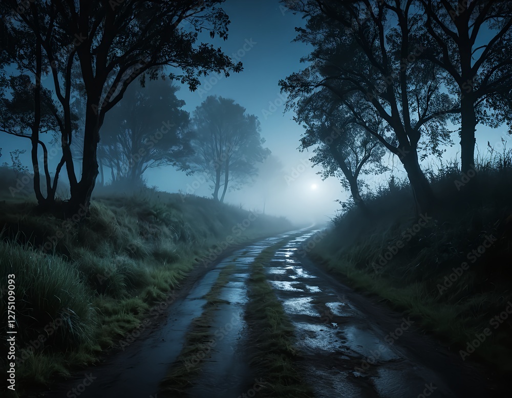 Obraz premium Mysterious Night Road Through Foggy Forest