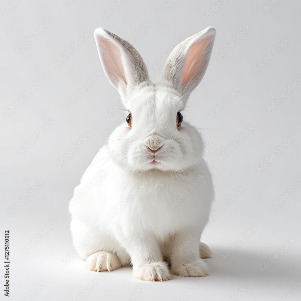 Obraz premium Adorable White Rabbit Sitting on White Background
