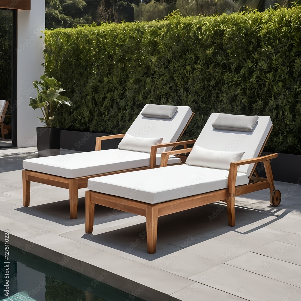 Fototapeta premium Luxury Teak Wood Lounge Chairs by the Pool
