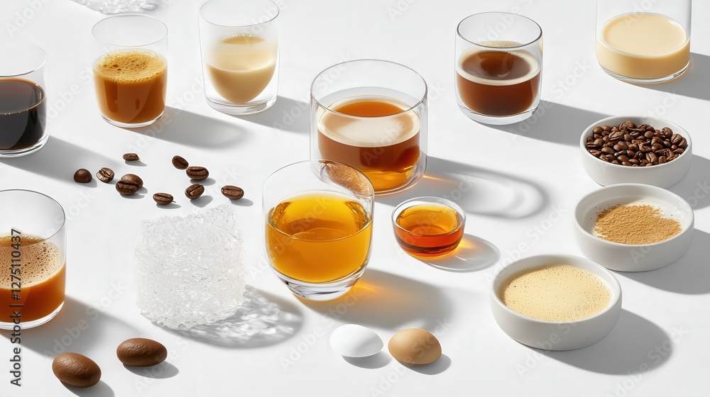 A diverse arrangement of beverages and ingredients on a minimalist surface showcasing various textures and colors A diverse arrangement of beverages and ingredients on a minimalist surface showcasing various textures and colors