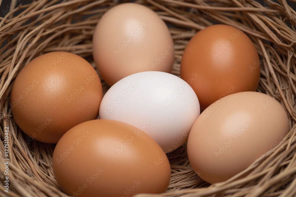 Nest made of straw with six eggs three white one brown in circle Nest made of straw with six eggs three white one brown in circle