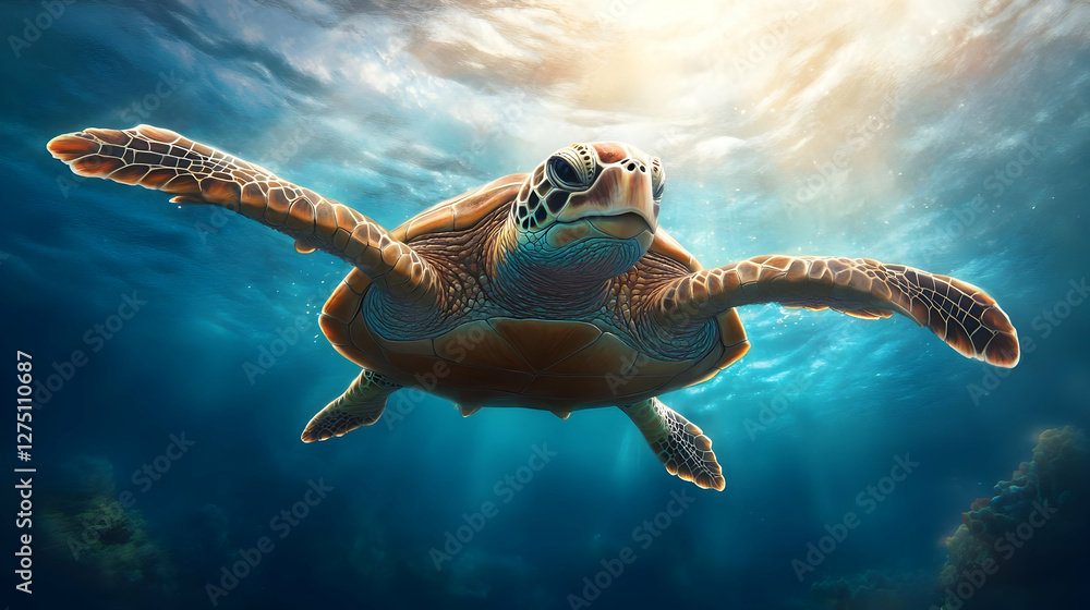 Obraz premium A majestic sea turtle gliding gracefully through the sparkling blue ocean, showcasing its beauty and elegance in marine life.