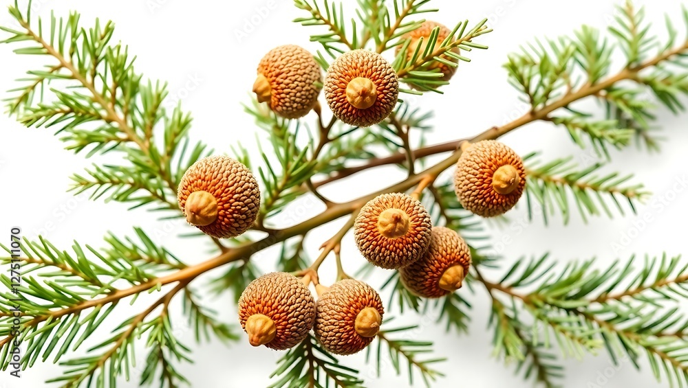 Fototapeta premium Fir Branches and Acorns on White Background with Text Space