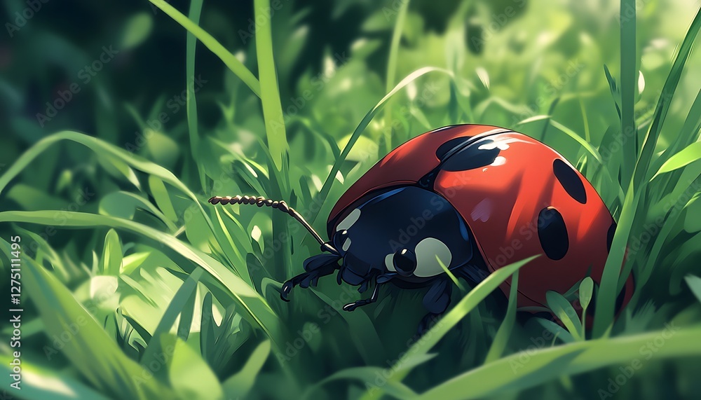 Ladybug is nestled within a lush green field of grass Ladybug is nestled within a lush green field of grass