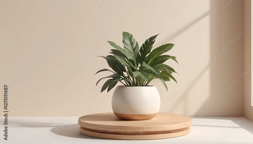 Minimalist Home Decor Plant in White Pot on Wooden Stand Minimalist Home Decor Plant in White Pot on Wooden Stand