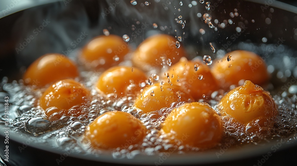 Close Up Of Eggs Boiling In Water With Droplets In A Black Pan Close Up Of Eggs Boiling In Water With Droplets In A Black Pan