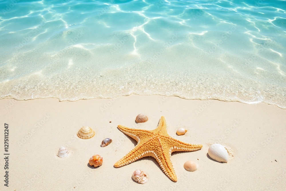 Sandy beach with clear blue water starfish and seashells on light beige sand