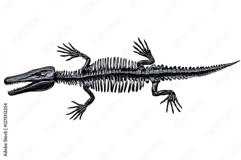 Naklejka premium Fossil Reptile Skeleton, Isolated on Black Background, Educational Use