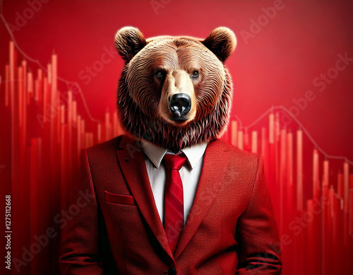 Generated Image, Businessman with bear face with red tone and falling graph concept of stock market is bear market which tends to decline and decrease value.