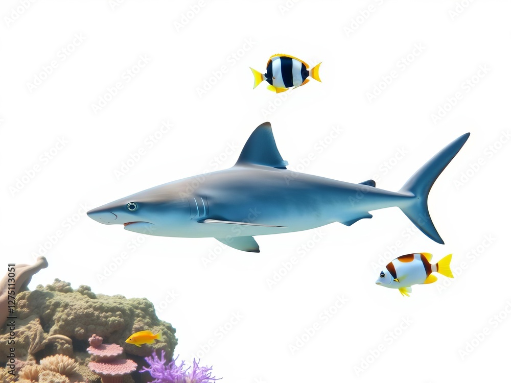 Fototapeta premium Colorful marine fish and shark swimming gracefully on a white isolated background, including angelfish, butterfly fish, wrasse, and snapper, ocean, white background, shark