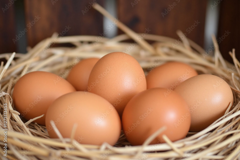Six brown eggs in pyramid like straw nest outdoor wooden fence Six brown eggs in pyramid like straw nest outdoor wooden fence
